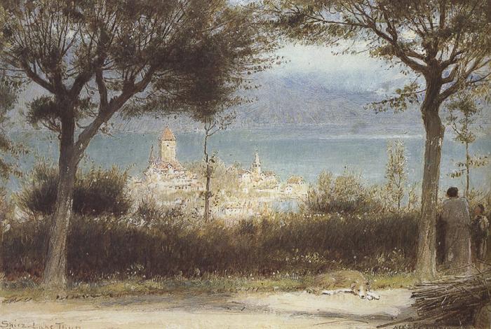 Albert goodwin,r.w.s The Town of Spiez on Lake Thun,Switzerland (mk37)